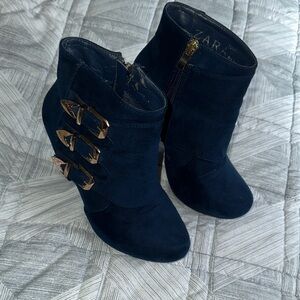 Zara Navy Suede Ankle Booties with Gold Buckle Accents